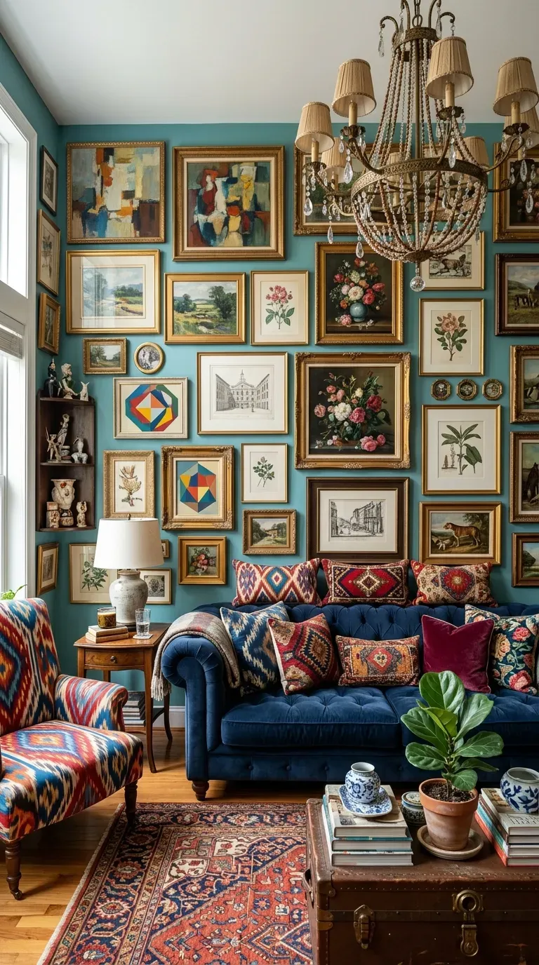 15 Genius Modern Living Room Designs You Need to See 12 A vibrant maximalist living room with a floor-to-ceiling art gallery wall