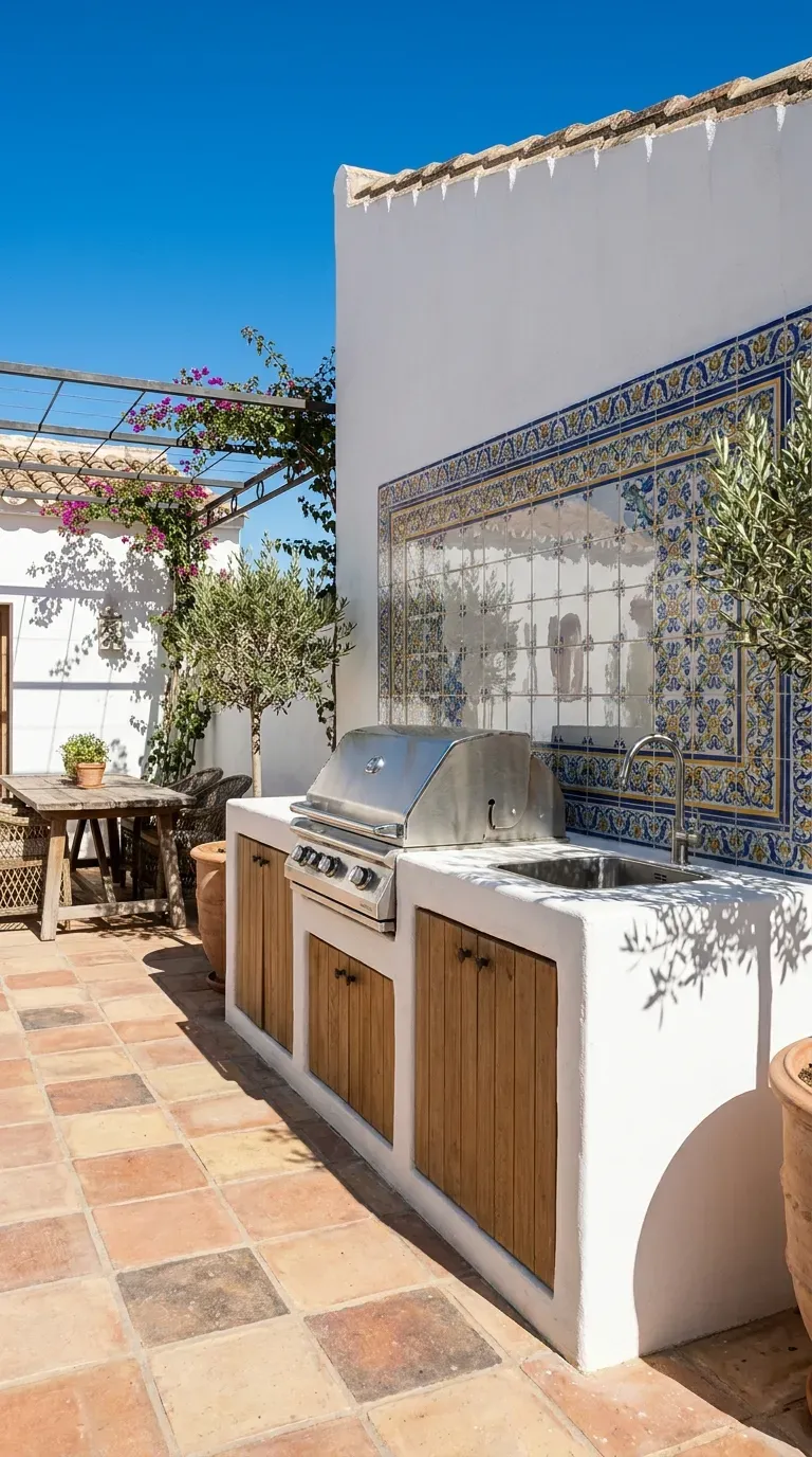 15 Genius Backyard Kitchen Ideas You Need to Try 10 A beautiful white stucco outdoor kitchen with vibrant Spanish tile backsplash