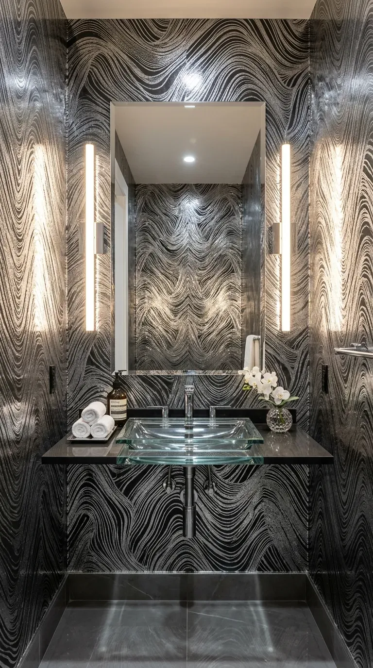 10 Must-Try Bathroom Wallpaper Ideas That Look Expensive 8 A windowless powder room brought to life by reflective silver metallic foil wallpaper