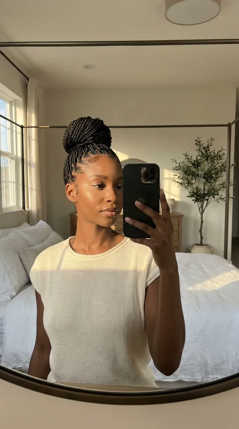 Woman with a micro braids bun taking an iPhone mirror selfie.