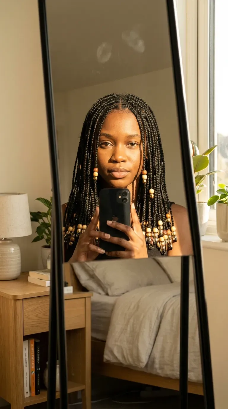 Woman with beaded micro braids taking an iPhone mirror selfie.