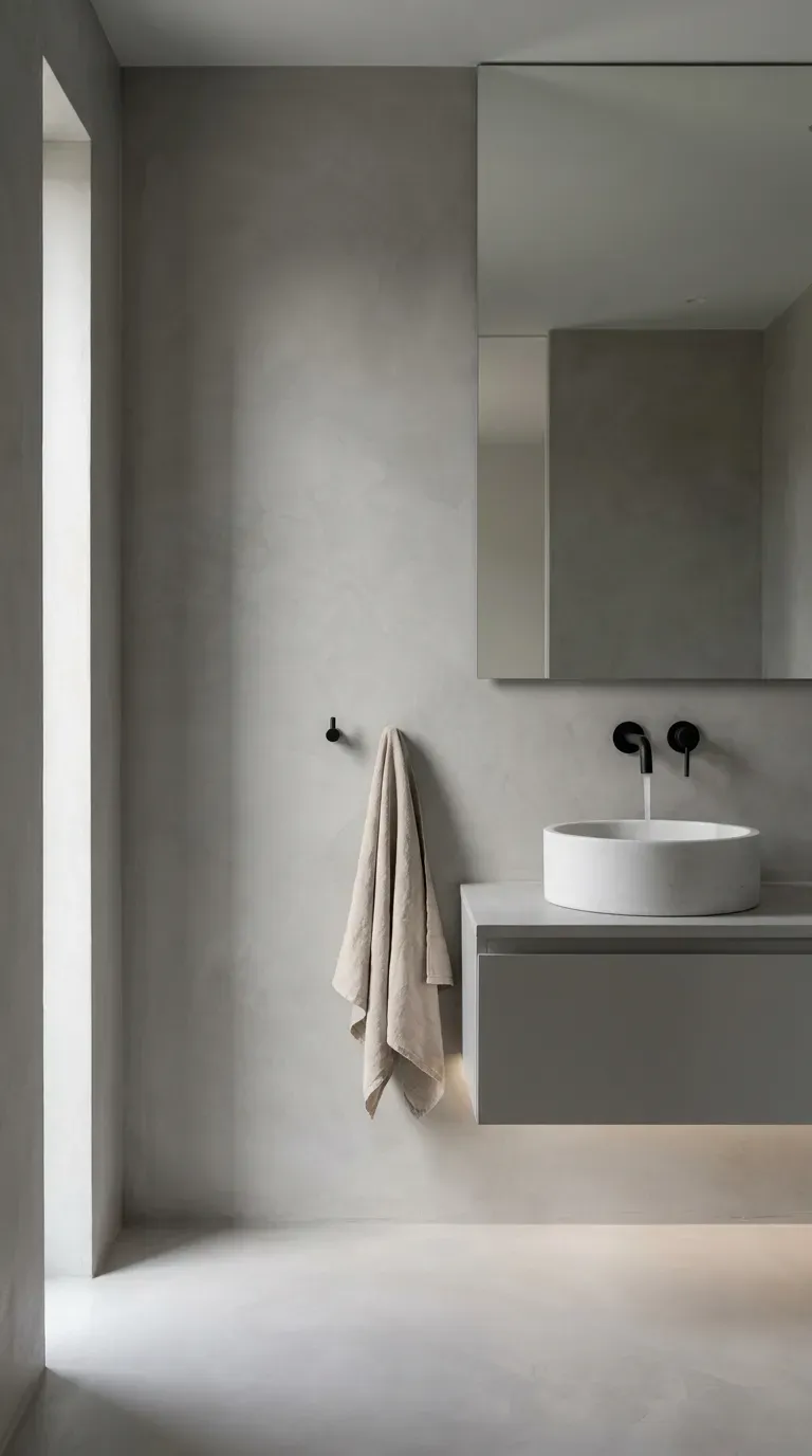 12 Aesthetic Bathroom Decor Ideas for a Gorgeous Space 4 A modern minimalist bathroom featuring seamless grey microcement walls