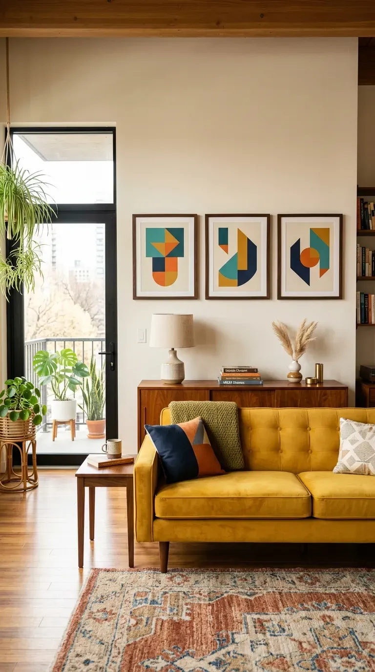 15 Genius Modern Living Room Designs You Need to See 7 A retro modern living room with teak wood furniture and geometric art