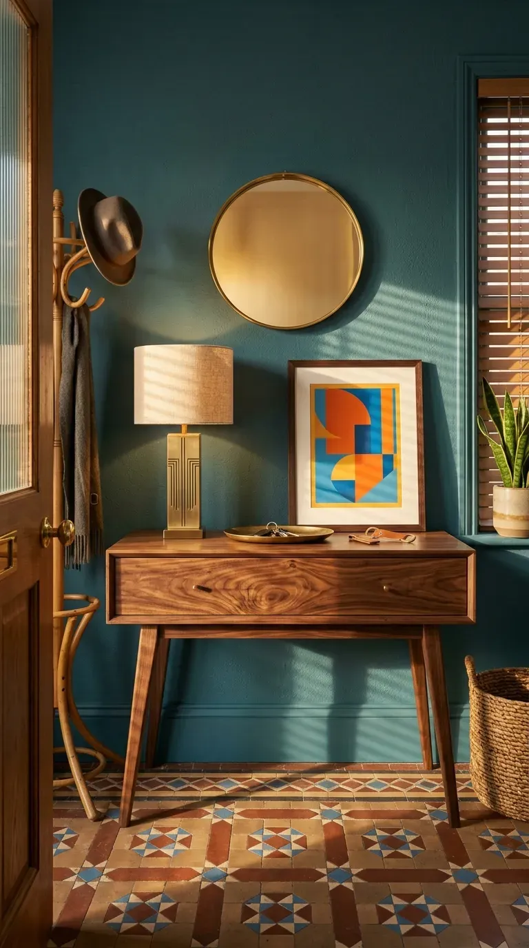 Sleek mid-century modern walnut console table with tapered legs