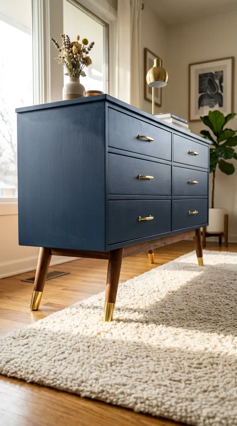 A bulky dresser elevated with sleek, angled mid-century modern wooden legs