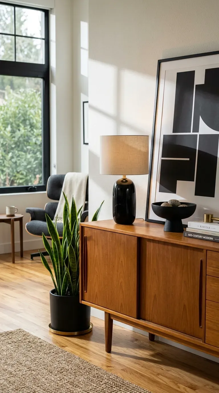 12 Black and Brown Living Room Designs That Will Transform Your Home 10 Vintage teak wood credenza styled with sleek black onyx and ceramic accents