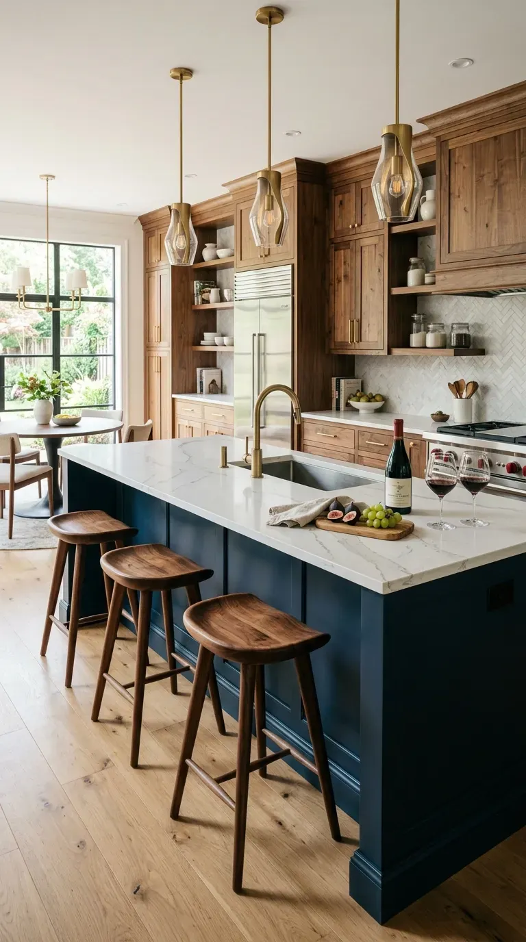 14 Genius Kitchen Color Palette Ideas You Need to Try 4 Midnight blue kitchen island with natural walnut bar stools and sleek countertops