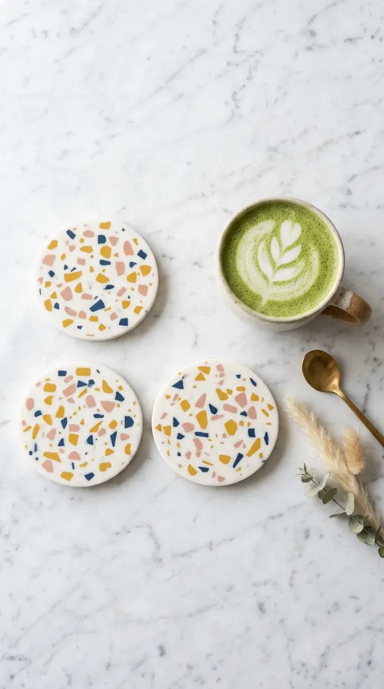 Colorful terrazzo style resin coasters on a marble coffee table