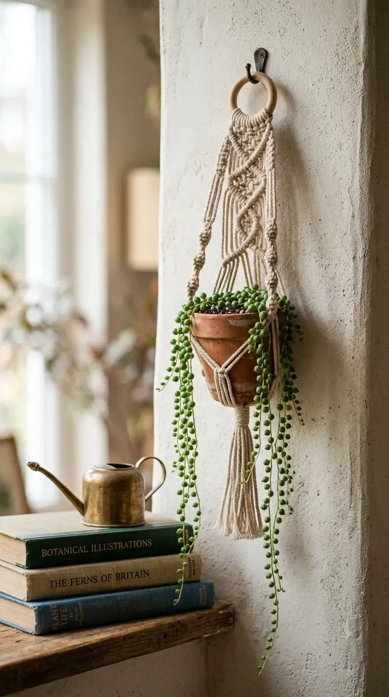 Close-up of a delicate mini macrame plant hanger holding a tiny succulent