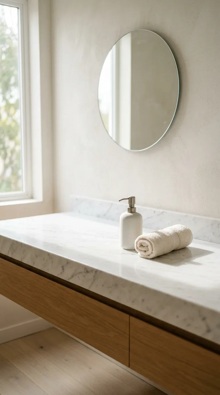 17 Minimalist Bathroom Ideas on a Budget 2 A minimalist bathroom countertop with only a soap dispenser and clean open space