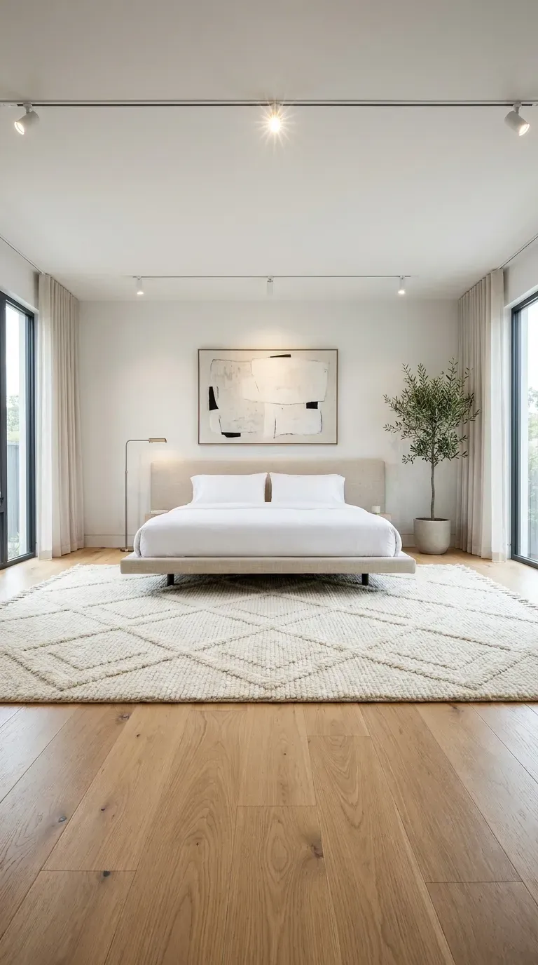 A subtle geometric textured area rug under a minimalist platform bed