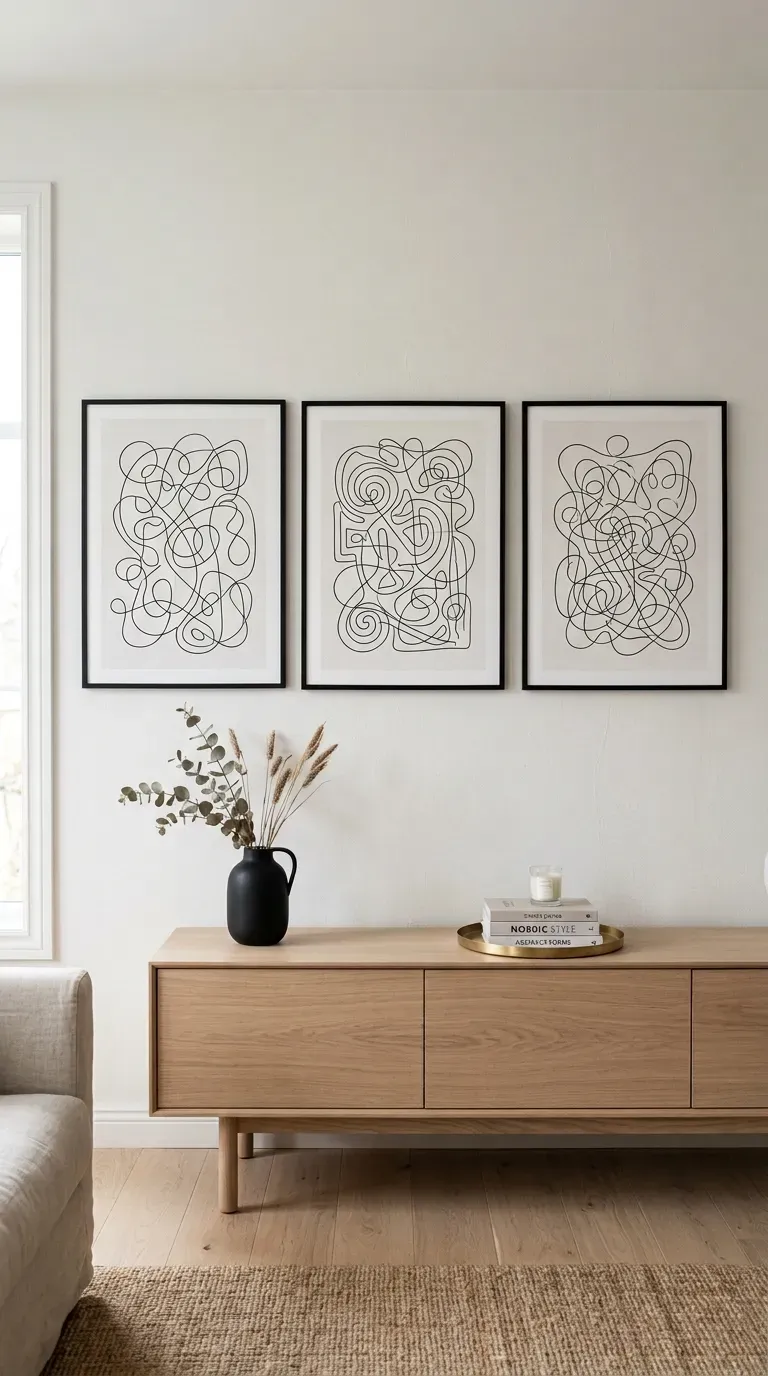 15 Genius Aesthetic Room Ideas You Need to Try 8 Framed minimalist abstract face line art hanging over a chic credenza