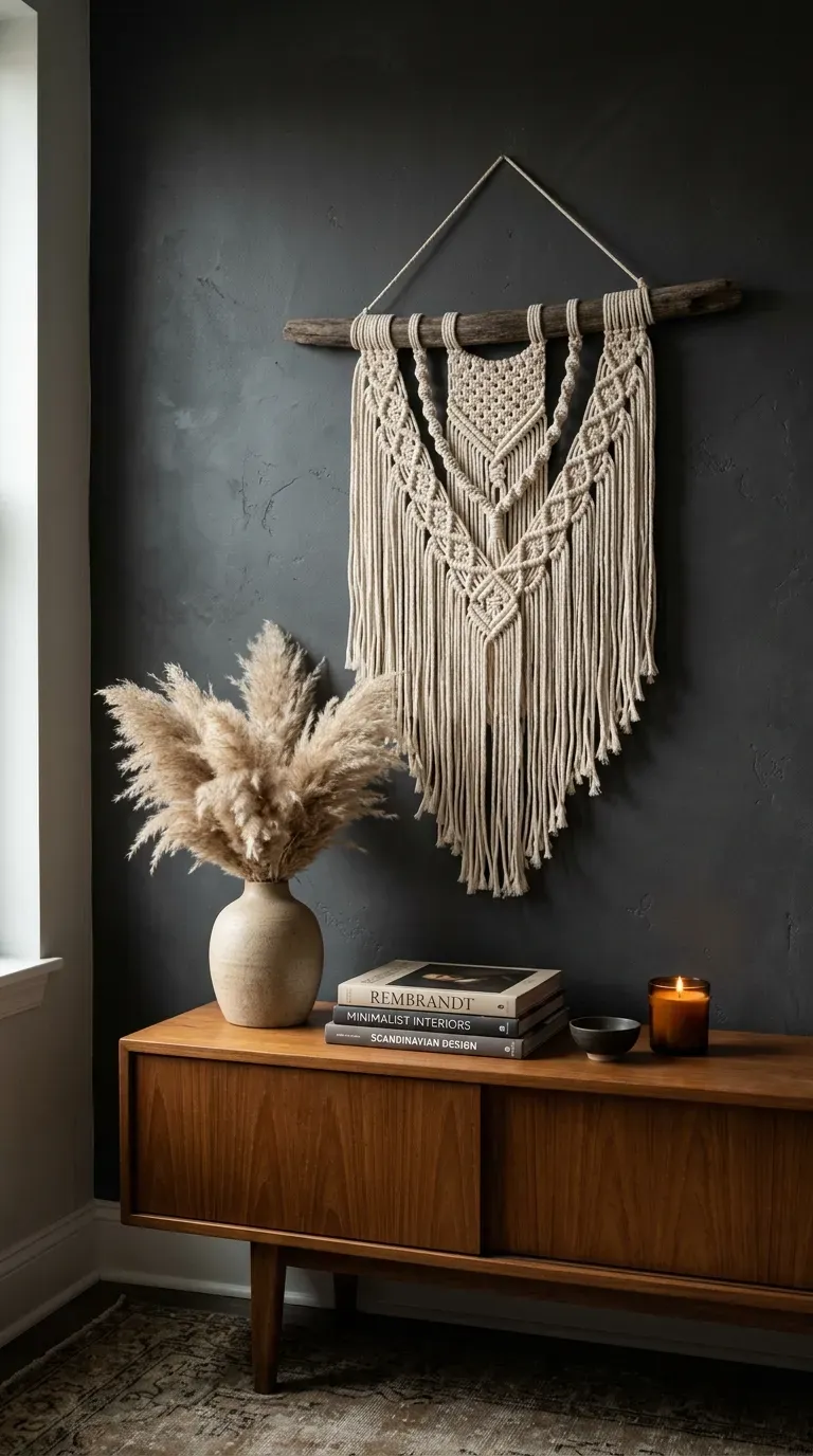 A minimalist macrame wall hanging suspended on a piece of driftwood
