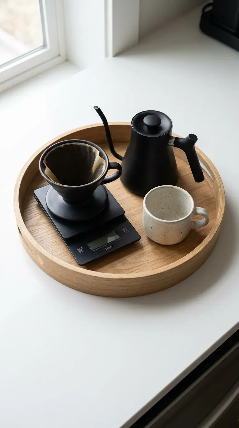 15 Genius Coffee Corner Ideas You Need to Try 7 A sleek wooden tray holding minimal coffee brewing gear