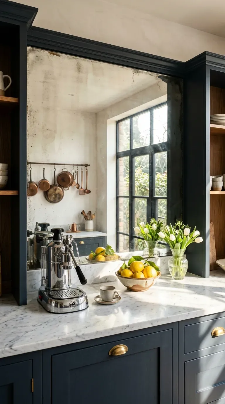 An antique mirrored backsplash reflecting a bright and airy tiny kitchen