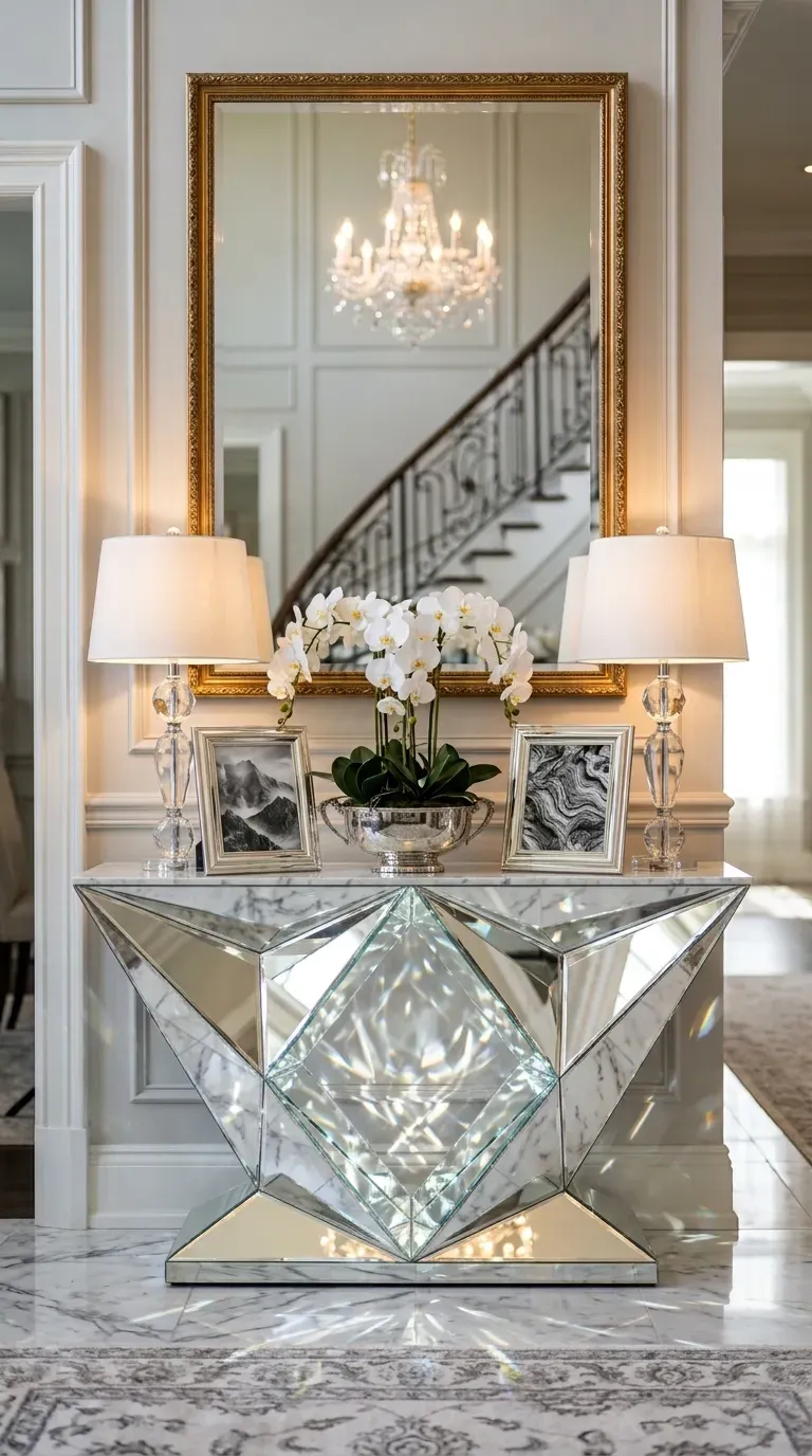 Glamorous fully mirrored console table reflecting a bright entryway