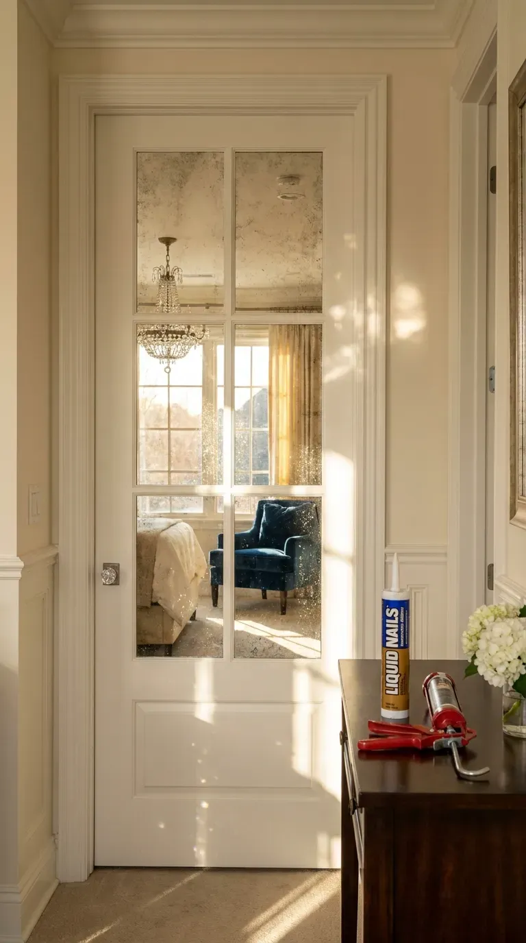 13 Genius Interior Door Makeovers You Need to Try 9 White paneled door with custom mirror inserts reflecting a bright, sunny bedroom
