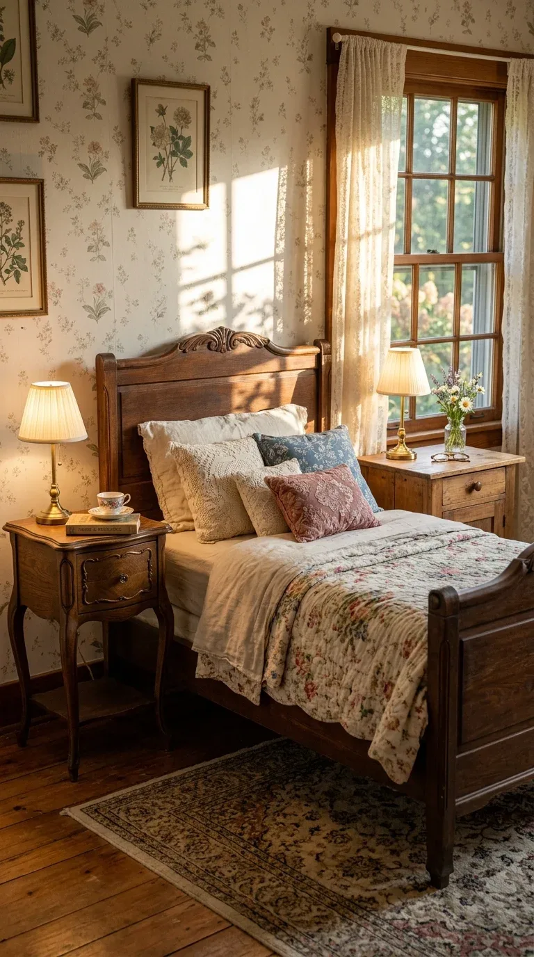 15 Vintage Bedroom Designs for a Cozy Retreat 8 Two different mismatched antique wood nightstands flanking a vintage bed frame