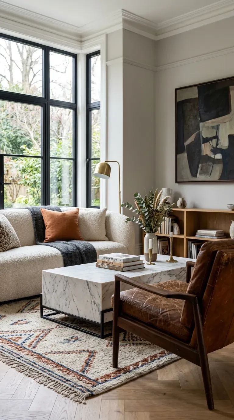 15 Genius Living Room Decor Ideas You Need to Try 12 A living room featuring a cognac leather chair and a cream boucle sofa