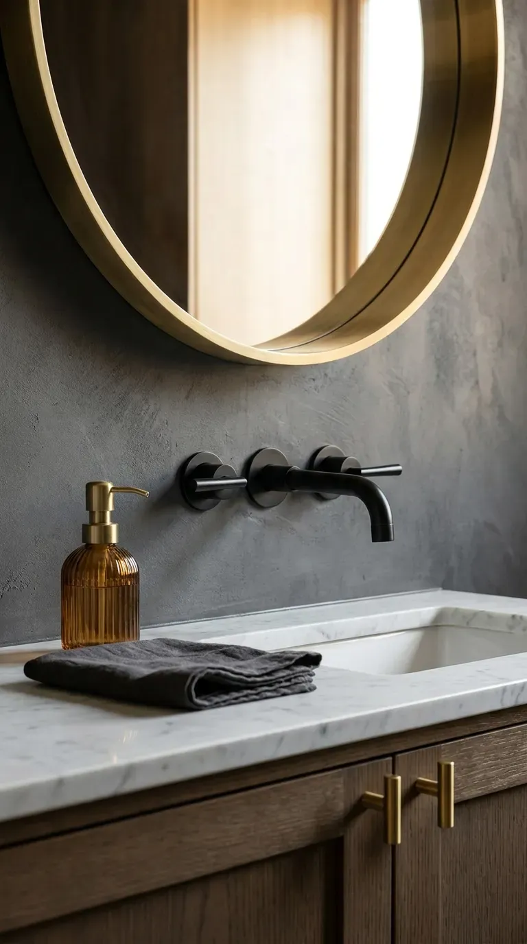 12 Aesthetic Bathroom Decor Ideas for a Gorgeous Space 6 A bathroom vanity showcasing a mix of brass and matte black hardware