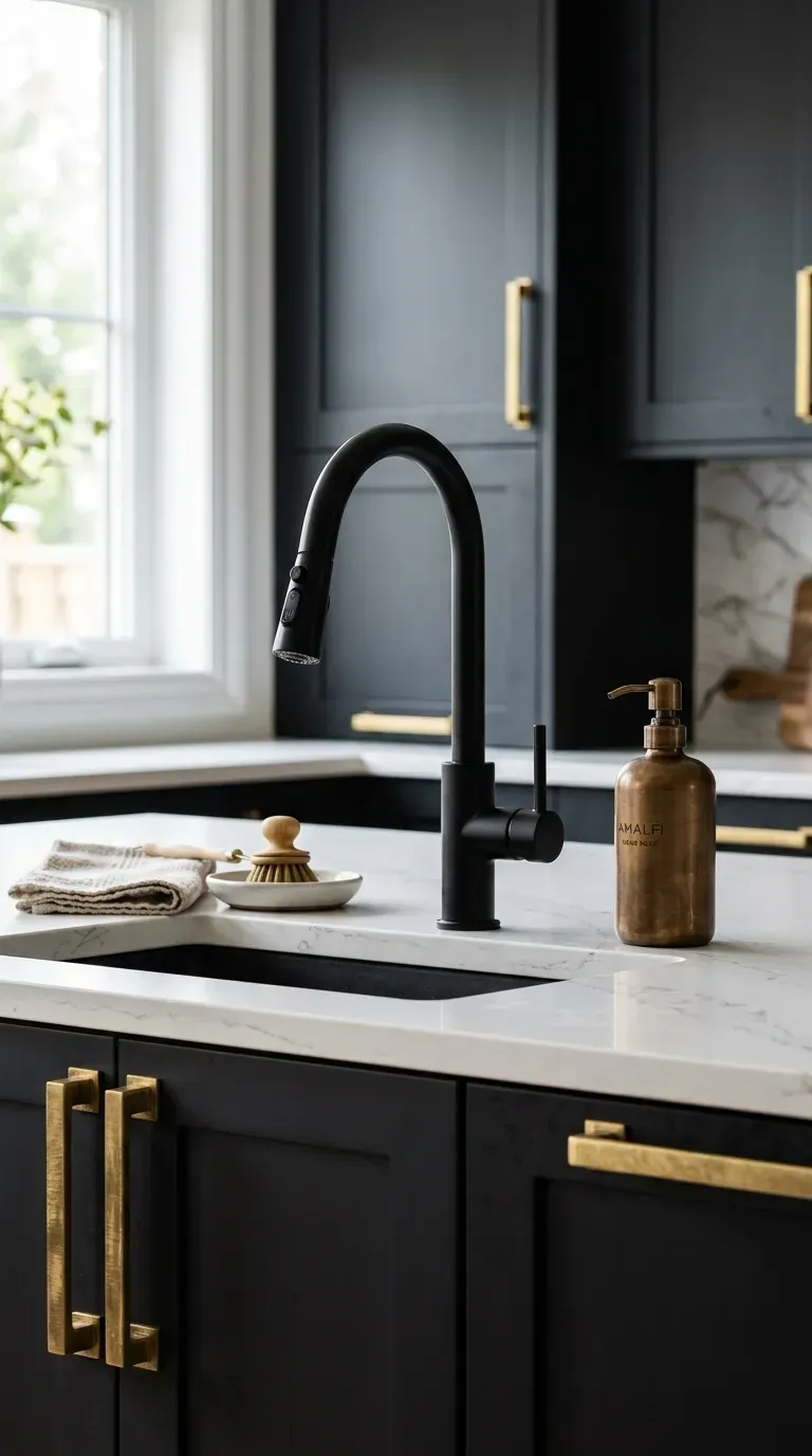 10 Must-Try Contemporary Modern Interior Ideas That Look Stunning 7 A modern kitchen showcasing mixed matte black and brushed brass metal fixtures