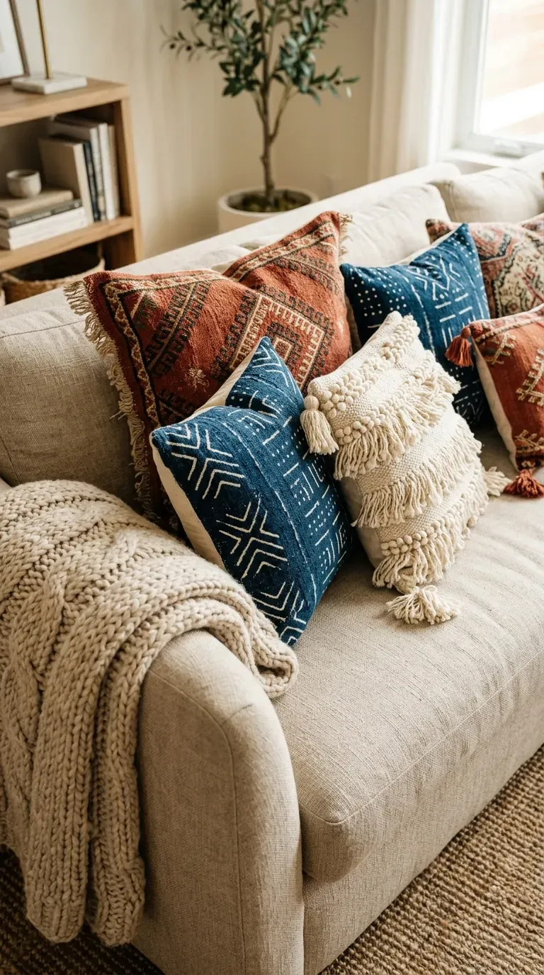 15 Genius Bohemian Home Decor Ideas You Need to Try 15 A neutral sofa covered in beautifully mixed patterned boho throw pillows