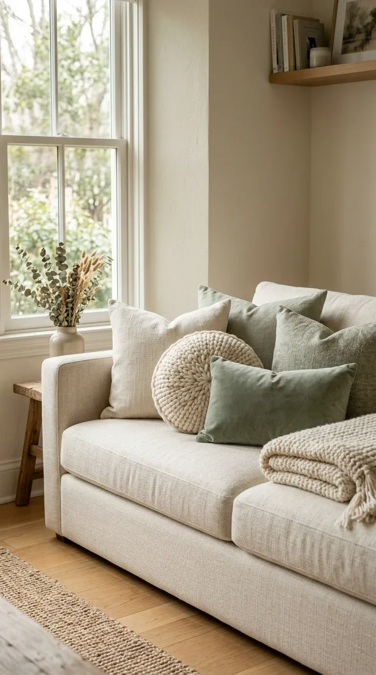 A living room sofa styled with mixed texture throw pillows in coordinating neutral tones
