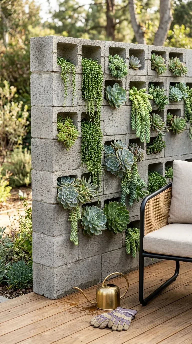 15 Genius DIY Patio Ideas You Need to Try 5 Stacked concrete cinder blocks filled with cascading green succulents on a patio