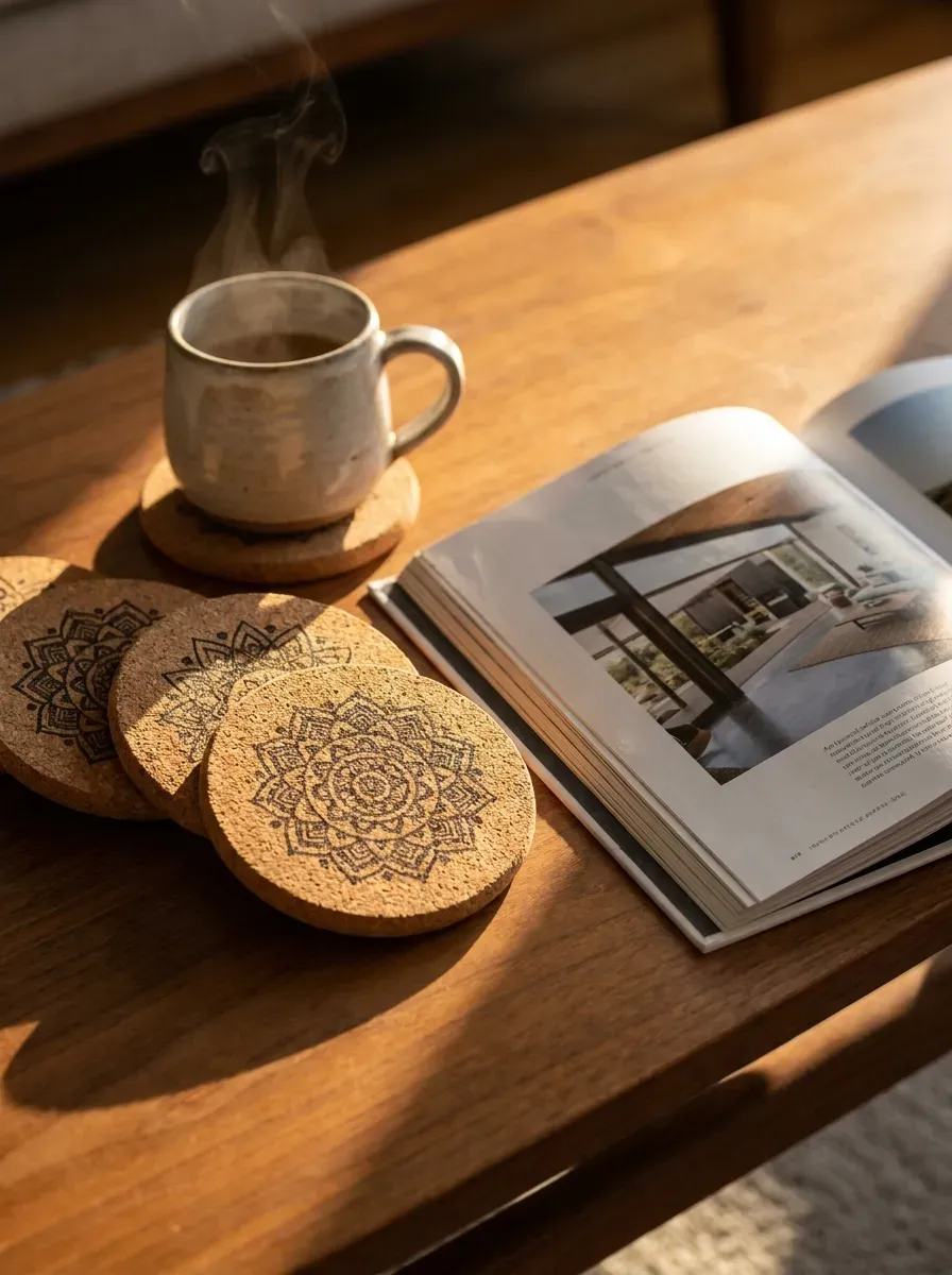 13 Genius Cricut Home Decor Projects You Need to Try 10 Geometric patterned cork coasters resting on a mid-century coffee table