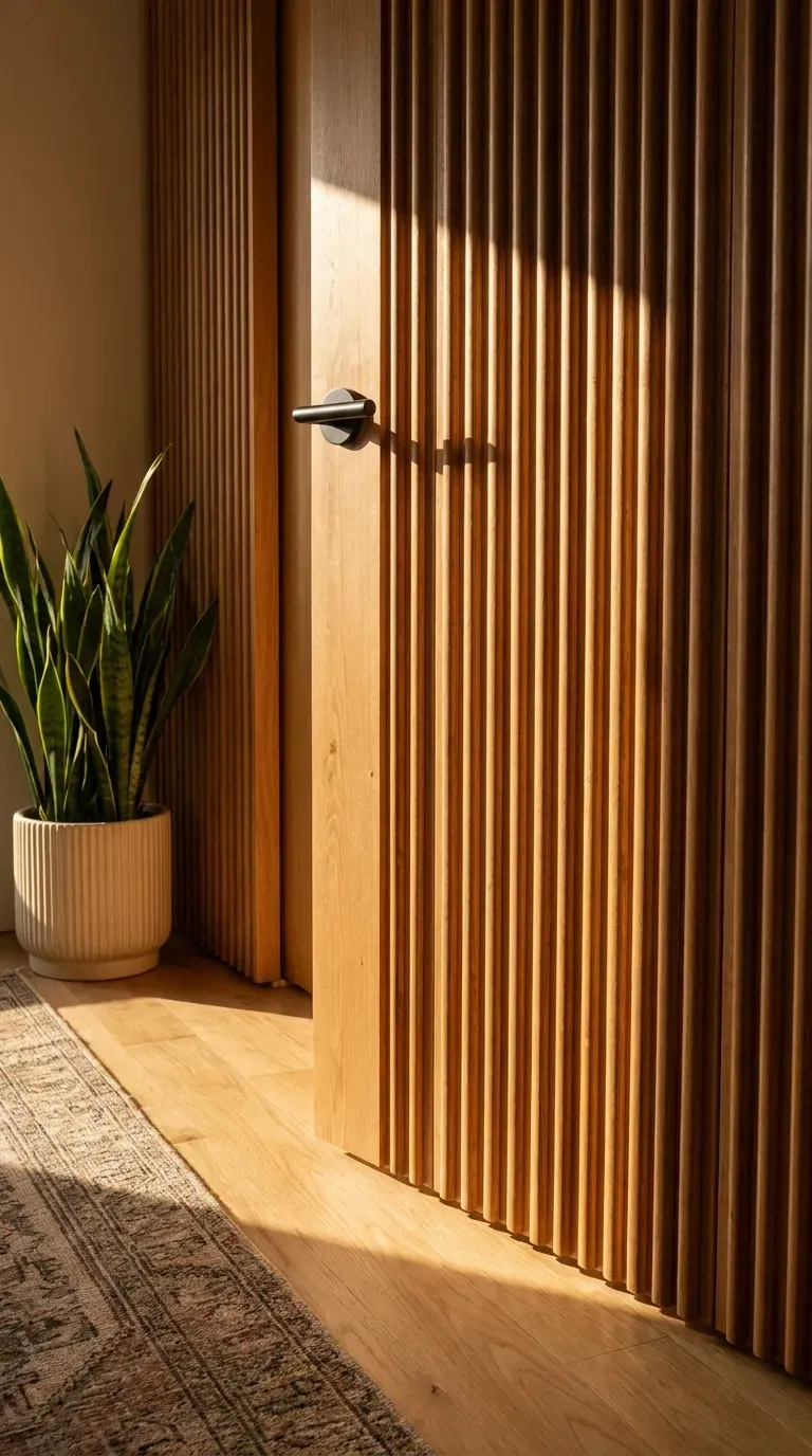 13 Genius Interior Door Makeovers You Need to Try 3 Interior door completely covered in vertical fluted wood dowels with a black handle