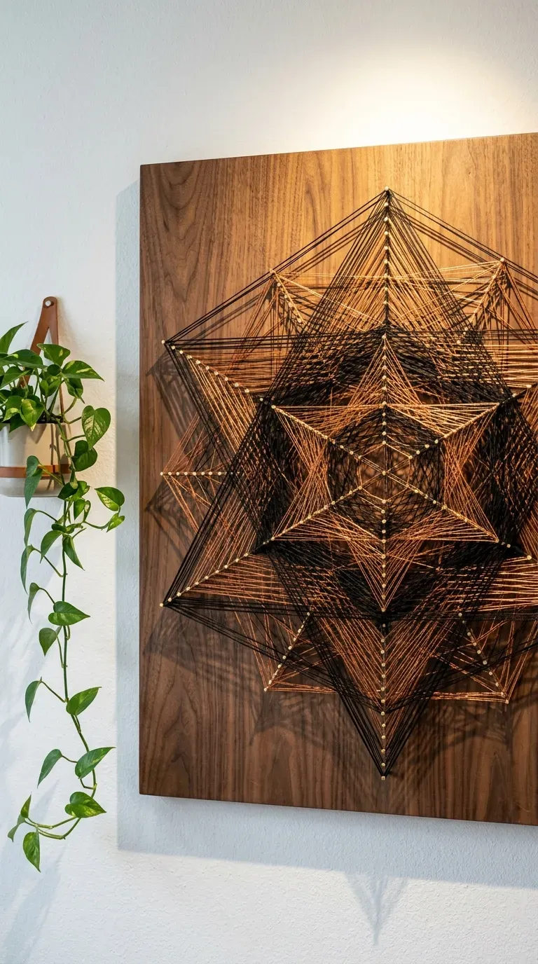 Complex geometric string art made with dark yarn on a wood board