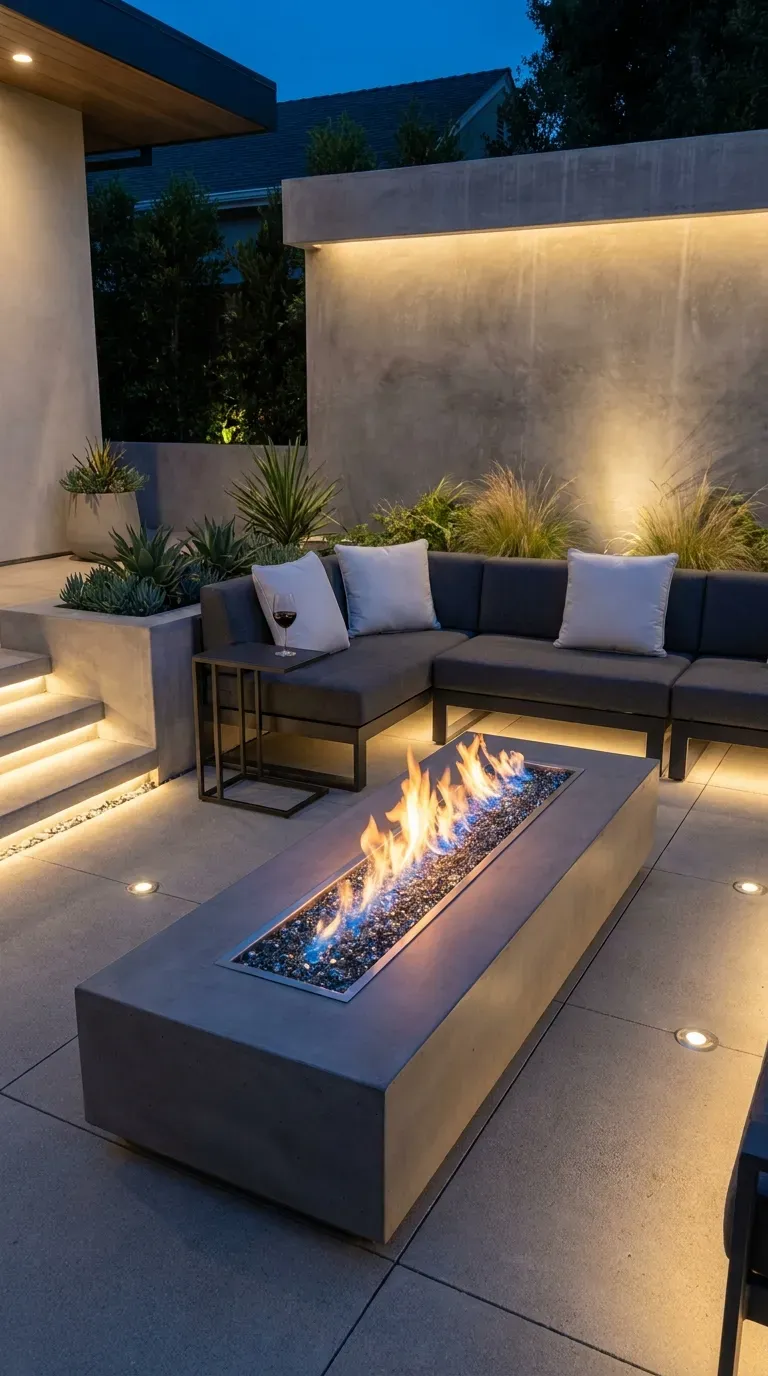 14 Genius Outdoor Fire Pit Ideas You Need to Try 3 A sleek linear propane fire table on a modern outdoor patio