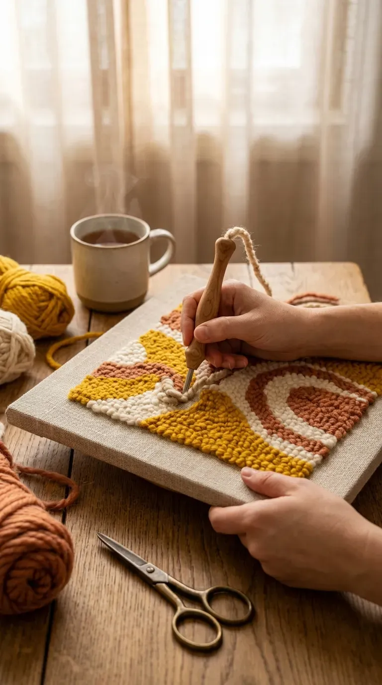 12 Stunning Adult Craft Kits That Will Boost Your Creativity 3 Hand holding a punch needle creating abstract textile art on a stretched canvas frame