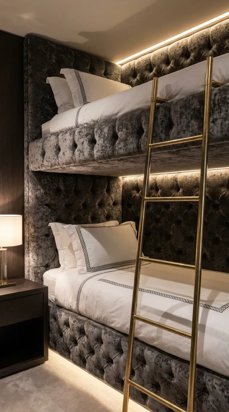 10 Must-Try Bunk Bed Room Ideas That Look Stunning 11 A luxurious bedroom with a bunk bed fully upholstered in soft grey velvet