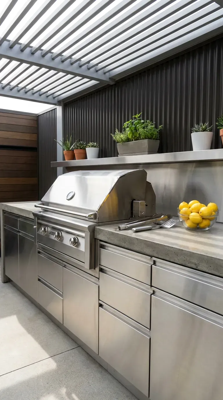 15 Genius Backyard Kitchen Ideas You Need to Try 3 A sleek, modern outdoor kitchen made entirely of modular stainless steel cabinetry