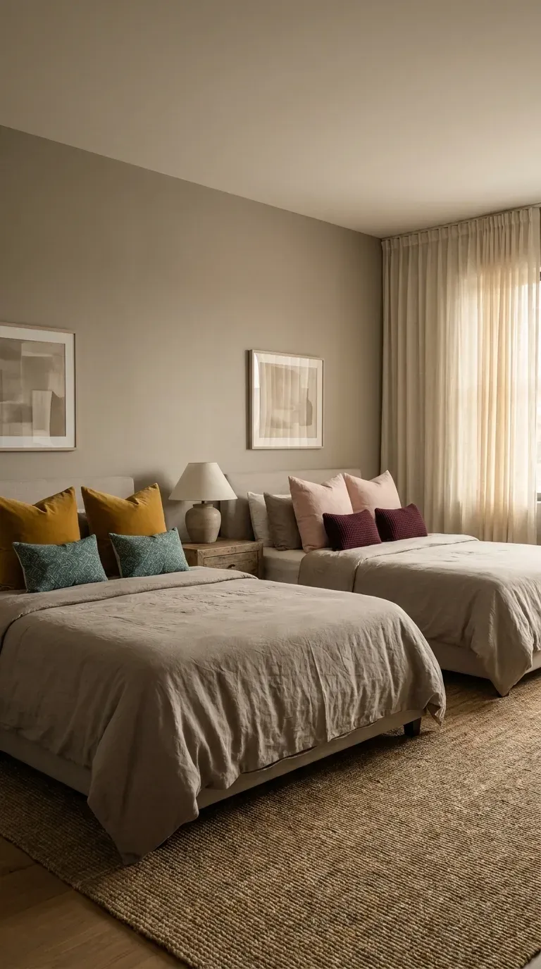 15 Genius Shared Bedroom Ideas You Need to Try 16 A neutral greige bedroom with mismatched colorful throw pillows on the beds
