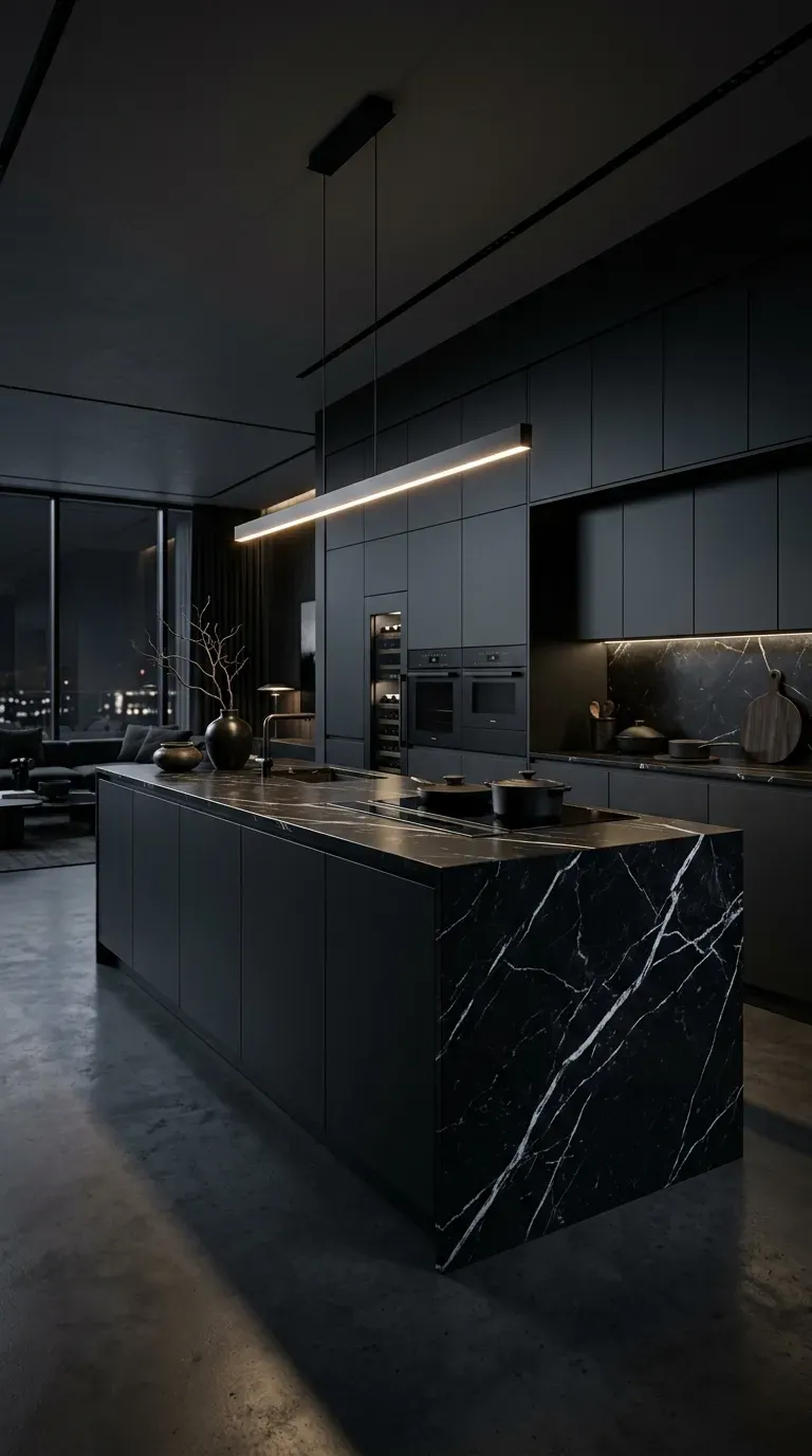 A dramatic all-black modern open kitchen with dark marble
