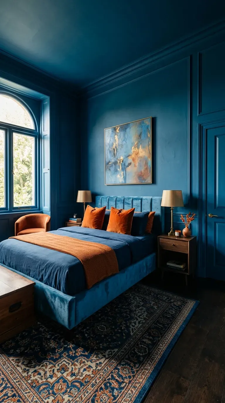 A bedroom completely color-drenched in a saturated cerulean blue