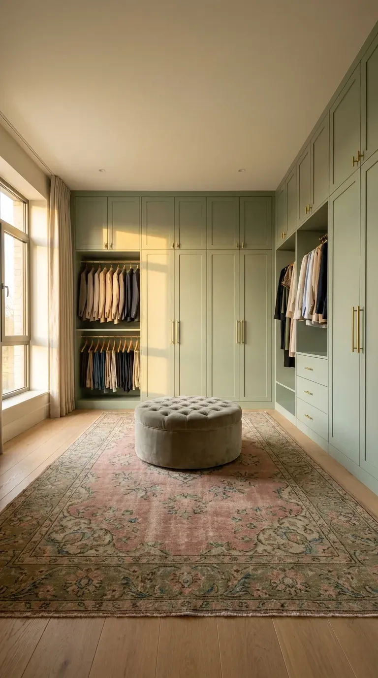 Seamless sage green built-in wardrobes in an elegant dressing room
