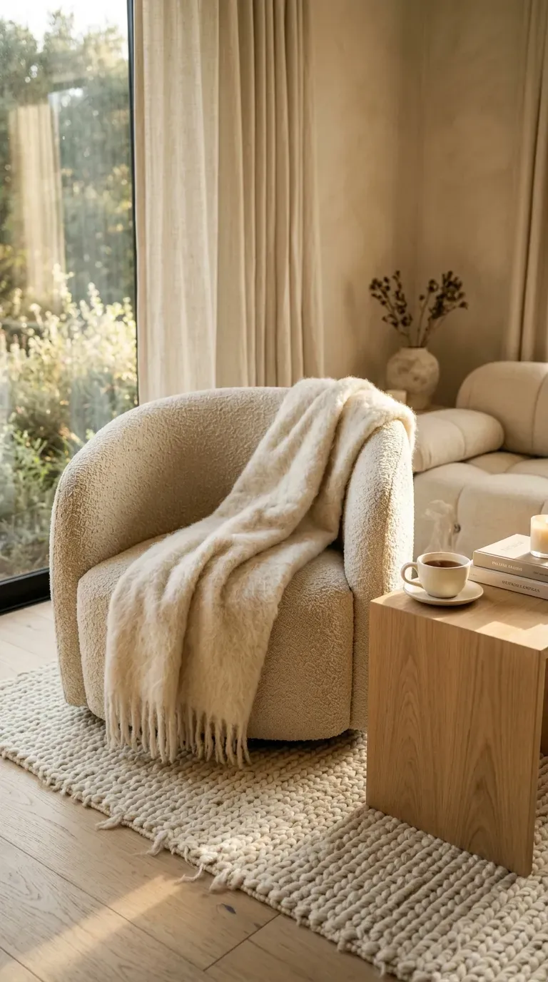 10 Must-Try Contemporary Modern Interior Ideas That Look Stunning 3 A warm monochromatic living room featuring heavily textured fabrics and materials