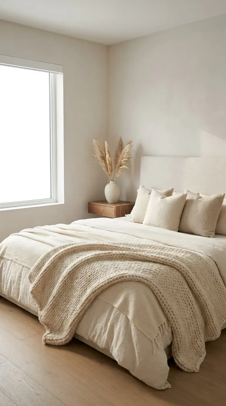 A minimalist bed layered in plush cream and ivory linen textures