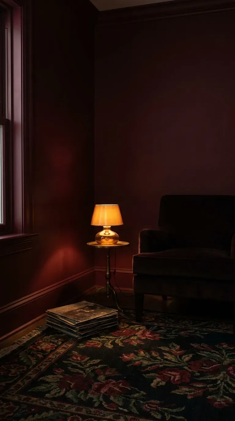 A fully color-drenched bedroom where walls and trim are all dark burgundy