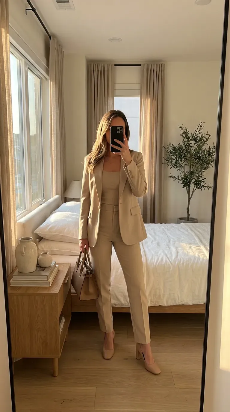 Woman wearing a monochrome neutral outfit taking an iPhone mirror selfie.