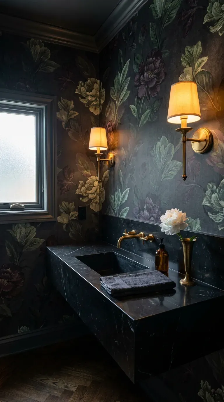 12 Gorgeous Powder Room Ideas for a Stunning Space 2 Dark botanical wallpaper in a small luxury powder room with brass fixtures