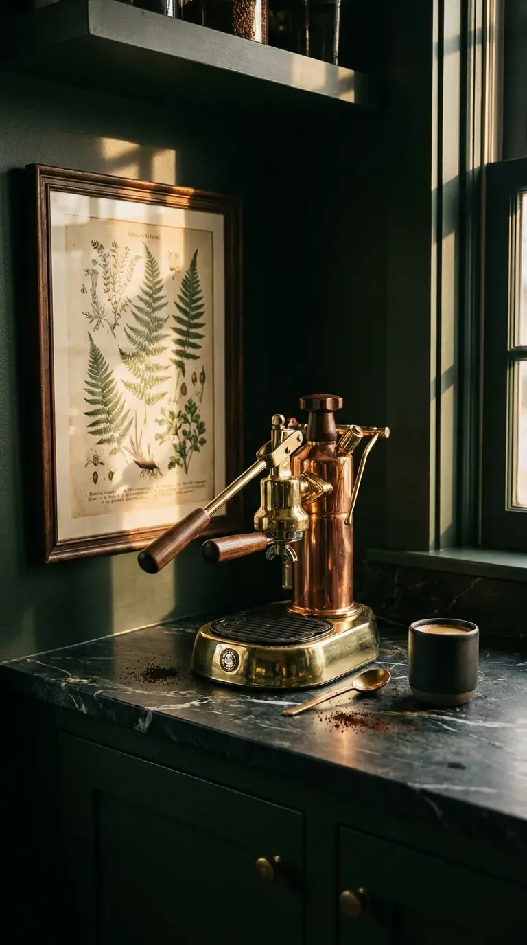 15 Genius Coffee Corner Ideas You Need to Try 5 A moody, dark green painted coffee nook with brass accents