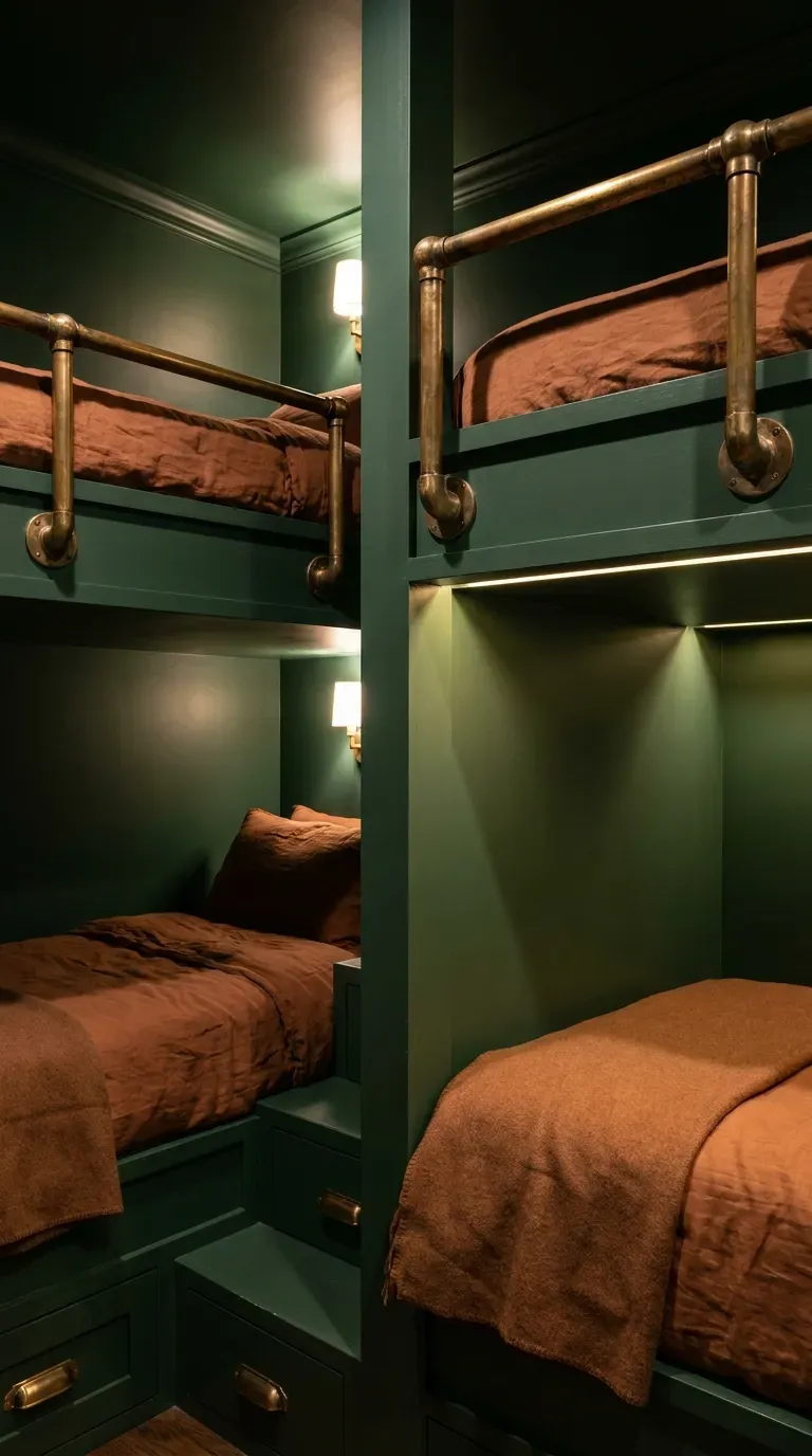 10 Must-Try Bunk Bed Room Ideas That Look Stunning 6 A moody bedroom with dark hunter green built-in bunk beds