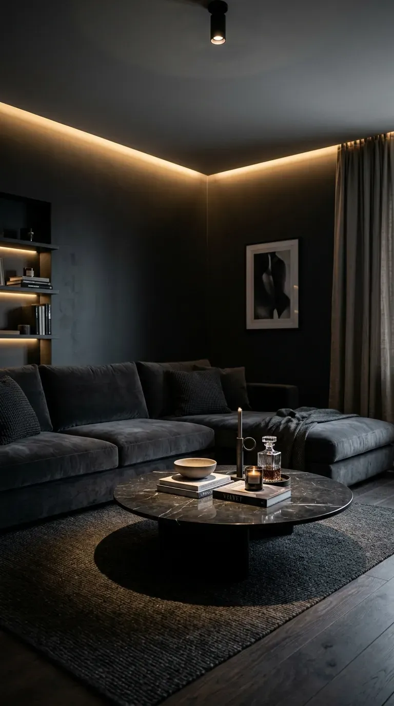 15 Genius Modern Living Room Designs You Need to See 10 A sophisticated dark charcoal living room with luxurious intimate accent lighting