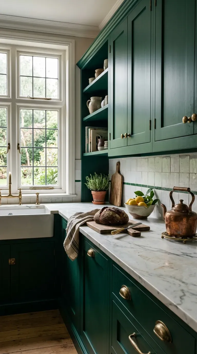 14 Genius Kitchen Color Palette Ideas You Need to Try 2 Emerald green kitchen cabinets with unlacquered brass hardware and marble countertops