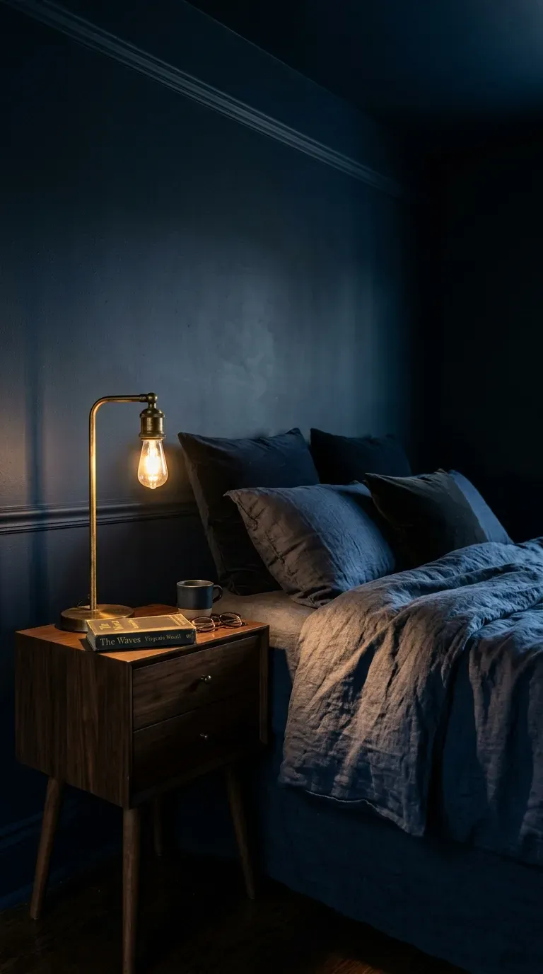 15 Genius Colorful Bedroom Ideas You Need to Try 4 A dark and cozy bedroom painted entirely in deep matte navy blue