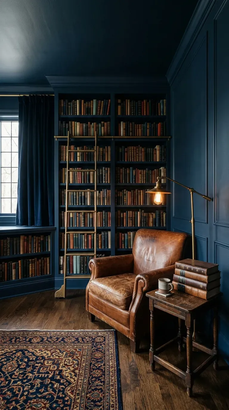 15 Genius Color Drenching Room Ideas You Need to Try 2 A moody navy blue color-drenched library with a leather armchair
